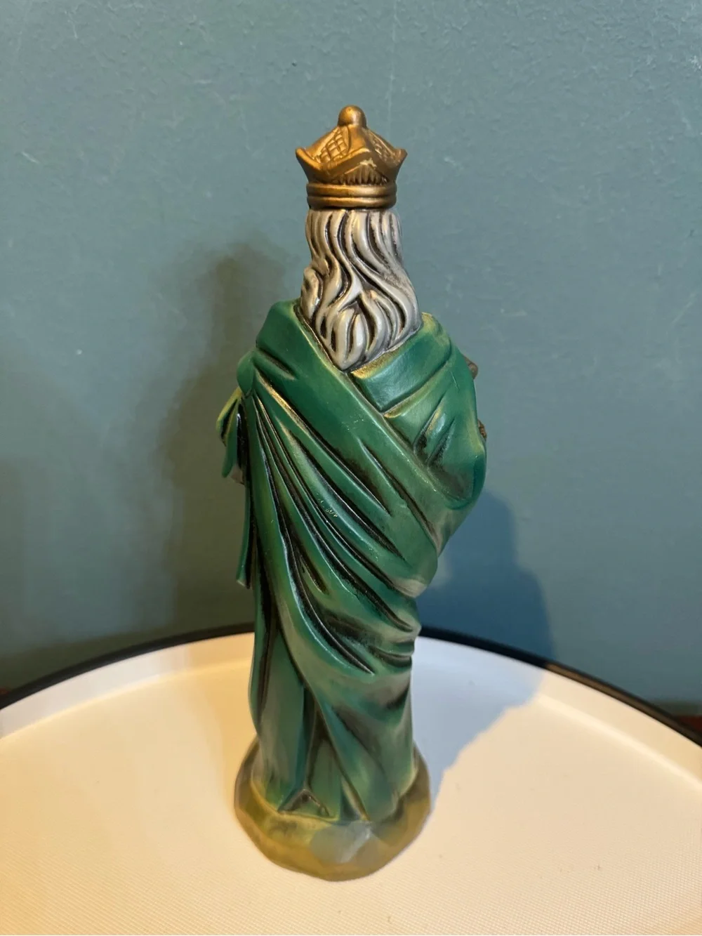Vintage Decorative 9.5” Nativity King Wise Men Figurine in Green & Gold, Japan